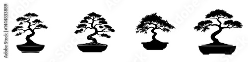 Silhouette pictogram set of various bonsai trees showcasing different styles and shapes for creative applications