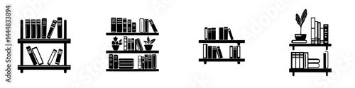Collection of silhouette pictograms representing bookshelves with books and plants in a minimalist style
