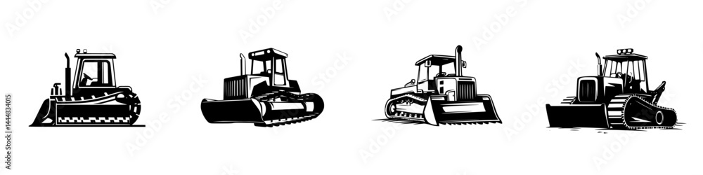 Silhouette pictogram set of construction equipment showing four different types of bulldozers in isolated vector design Silhouette pictogram set of construction equipment showing four different types of bulldozers in isolated vector design