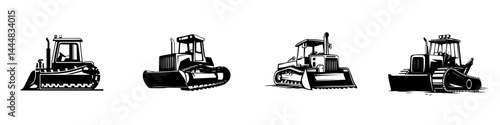 Silhouette pictogram set of construction equipment showing four different types of bulldozers in isolated vector design