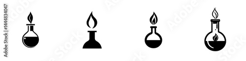 Silhouette pictograms of laboratory flasks with flame symbols, representing scientific experimentation and analysis activities
