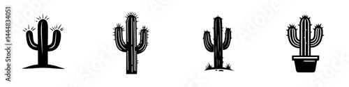 Silhouette pictogram icons set featuring various types of cacti in different designs and styles for use in graphic design projects