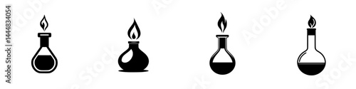 Collection of silhouette pictograms depicting laboratory glassware with flames and liquids for design projects
