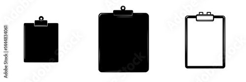Diverse set of silhouette pictograms representing clipboards in various styles for graphic design or informational purposes