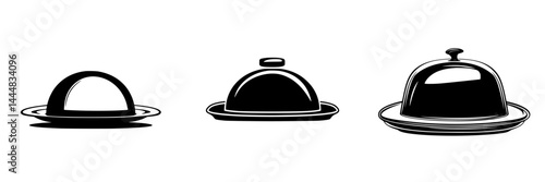 Silhouette pictograms representing various styles of food covers for serving dishes used in dining and culinary environments
