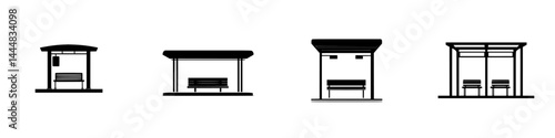 Various silhouette pictograms of bus stops featuring benches and roofs in different designs
