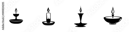 Set of silhouette pictograms representing different candle designs isolated on a white background