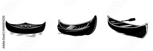 Collection of silhouette pictograms showing various canoe designs in simplistic vector style