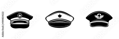 Silhouette pictograms of various hats representing different professions and roles in a minimalist design style