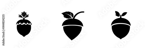Silhouette pictogram icons depicting various acorn designs showcasing diverse shapes and styles suitable for nature-themed graphics