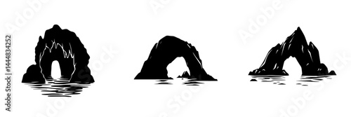 Silhouette pictograms of rock formations over water showcasing natural arches and caves in diverse styles