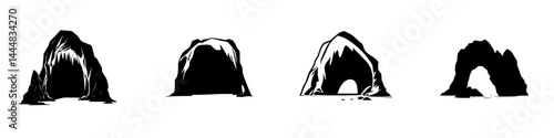 Silhouette pictogram of various cave formations showing different shapes and structures in a minimalist design