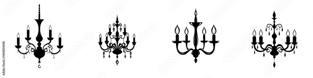 Silhouette pictogram of various chandelier designs featuring multiple arms, lights, and ornamental details in a minimalist style Silhouette pictogram of various chandelier designs featuring multiple arms, lights, and ornamental details in a minimalist style