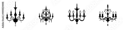 Silhouette pictogram of various chandelier designs featuring multiple arms, lights, and ornamental details in a minimalist style