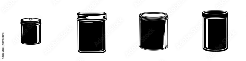 Silhouette pictogram set featuring various container shapes and sizes for design and illustration purposes
