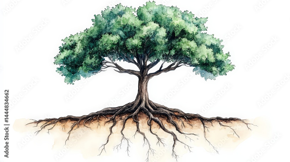 Symbolic Watercolor Tree with Visible Roots Representing Nature's Connection