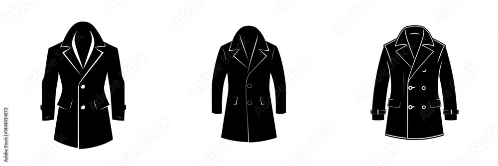 Silhouette pictogram set featuring diverse coat designs in isolated vector format, suitable for fashion icons and graphics Silhouette pictogram set featuring diverse coat designs in isolated vector format, suitable for fashion icons and graphics