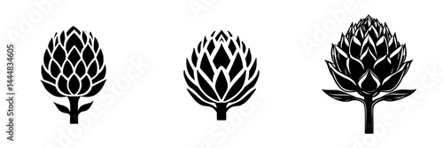 Silhouette pictograms of artichoke plants showcasing various designs in a minimalist and modern style
