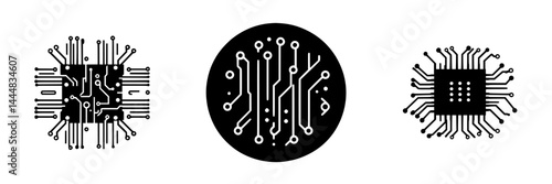 Silhouette pictogram icons set featuring circuit board designs in isolated vector format for technology and electronics use