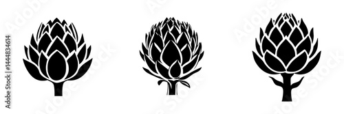 Silhouette pictogram collection featuring artichoke designs in black and white style for graphic use or decoration