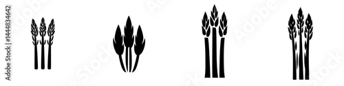 Silhouette pictogram icons of asparagus depicting various crop arrangements and stylized representations