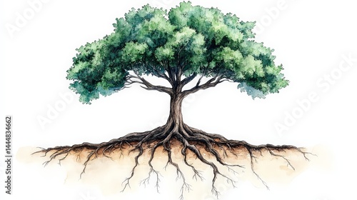 Obraz na płótnie Symbolic Watercolor Tree with Visible Roots Representing Nature's Connection w salonie