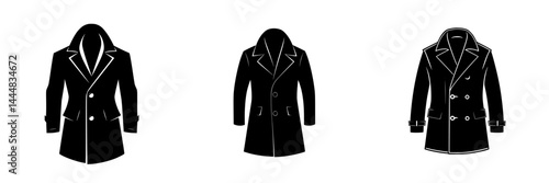 Silhouette pictogram set featuring diverse coat designs in isolated vector format, suitable for fashion icons and graphics