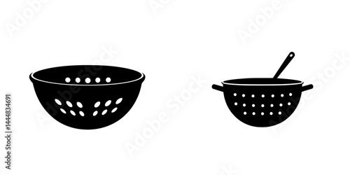 Silhouette set of kitchen utensils including a colander and mixing bowl for food preparation activities