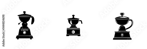 Silhouette pictogram set of kitchen appliances including a blender, food processor, and coffee maker in a minimalist style