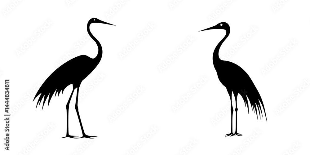 Silhouette pictogram of two cranes standing in profile amid a white background showcasing nature and wildlife artistry