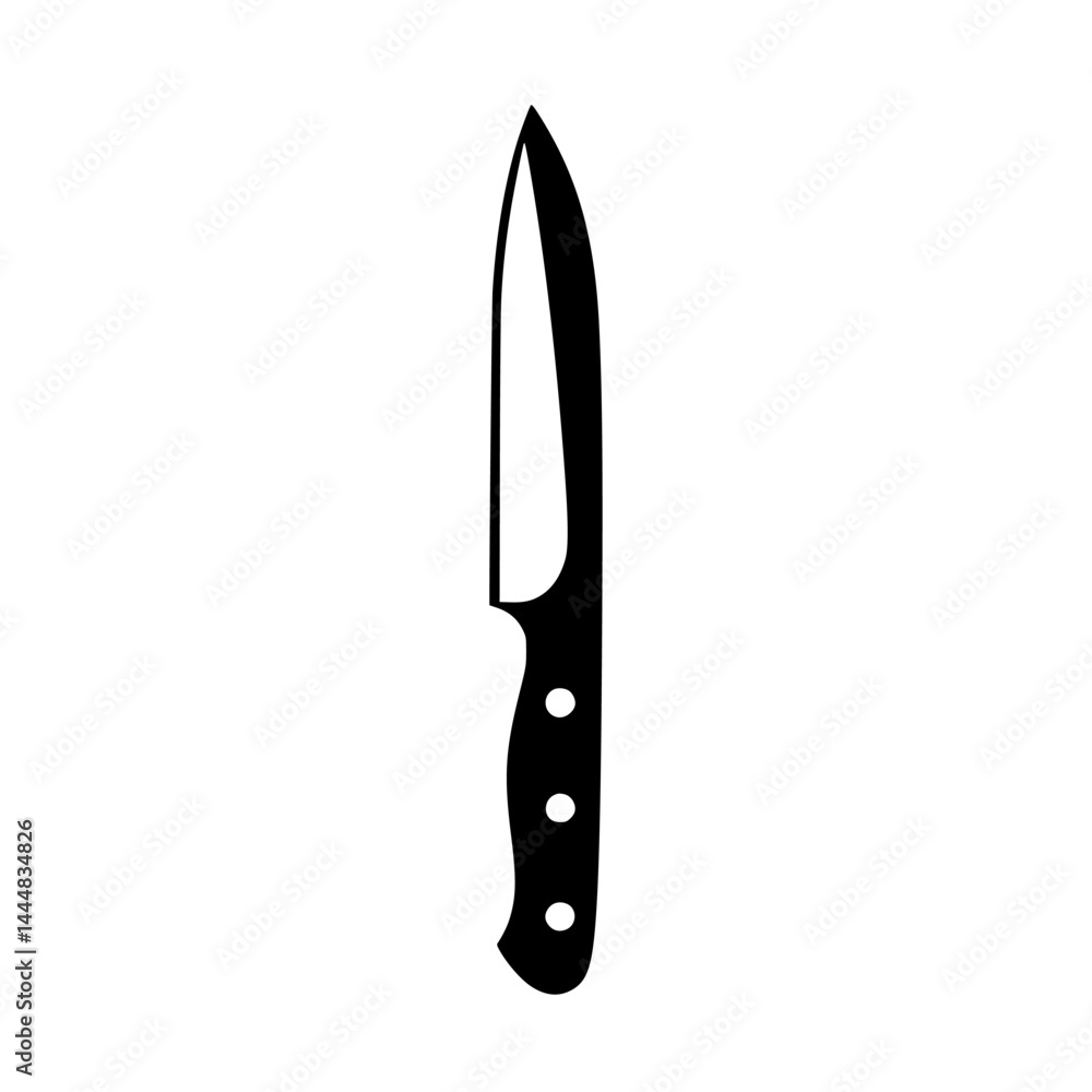Silhouette pictogram of a kitchen knife showing a sharp blade and a handle with three rivets for ergonomic grip Silhouette pictogram of a kitchen knife showing a sharp blade and a handle with three rivets for ergonomic grip