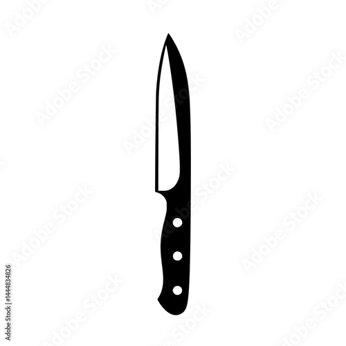 Silhouette pictogram of a kitchen knife showing a sharp blade and a handle with three rivets for ergonomic grip