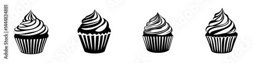 Silhouette pictograms of decorative cupcakes in various styles showcasing a range of frosting designs