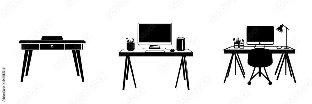 Silhouette pictograms of various desk setups displaying modern workspace designs and essential office items utilized for productivity Silhouette pictograms of various desk setups displaying modern workspace designs and essential office items utilized for productivity