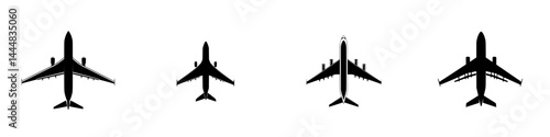Silhouette pictogram of various airplane designs in a vector icon set showcasing different aircraft types and sizes