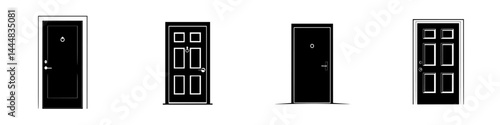 Unique silhouettes of various door designs showcase architectural diversity in simple vector illustration format