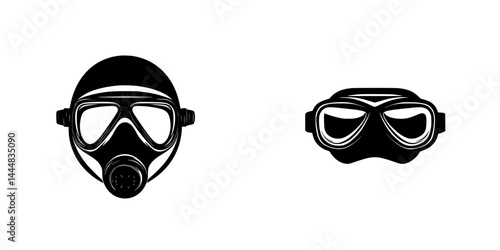 Silhouette pictograms of safety gear including a gas mask and diving goggles for use in various activities