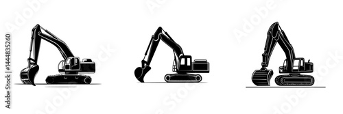 Silhouette pictogram set of excavators in various positions for construction and demolition activities