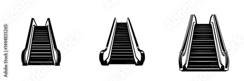 Multiple silhouettes of escalators showcasing various designs in a clear vector style for use in signage and illustrations