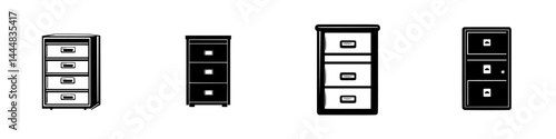 Silhouette pictogram set of various styles of cabinets and drawers for interior design and organization concepts