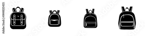 Silhouette pictogram set showcasing various styles of backpacks for educational and recreational purposes