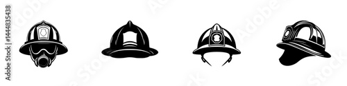 Various fire helmets represented as silhouette pictograms for safety and emergency services illustrations