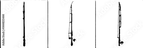 Silhouette pictogram icons set featuring various shapes of fishing rods and reels for outdoor activities in nature