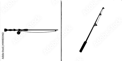 Silhouette pictograms of fishing rod and casting tools for outdoor activities with detailed design elements