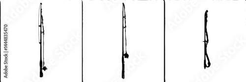 Silhouette pictogram icons set featuring various fishing rods and equipment in a minimalistic style for graphic design use