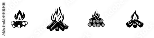 Collection of silhouette pictograms representing various firewood and campfire designs suitable for outdoor activity illustrations