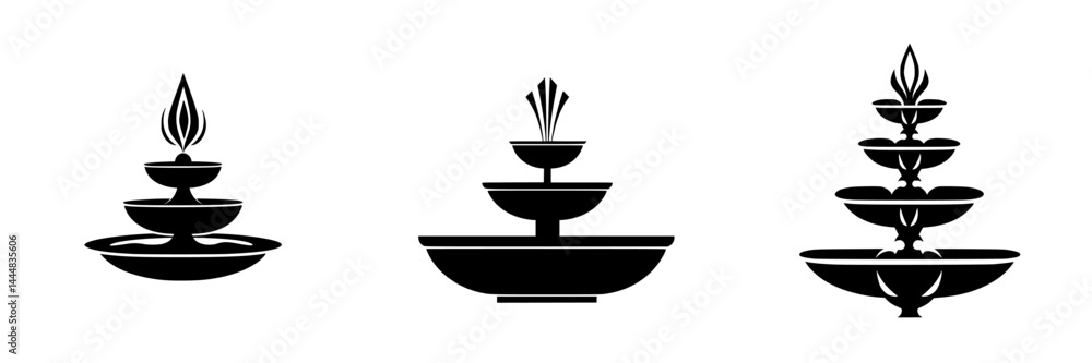 Silhouette pictogram set featuring decorative fountains in various designs for design and illustration use Silhouette pictogram set featuring decorative fountains in various designs for design and illustration use