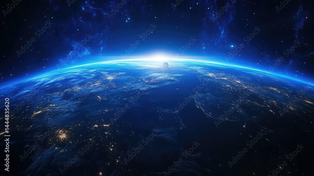 Stunning View of Earth from Space at Dawn, Capturing the Blue Planet with Atmospheric Glow and Glimmering City Lights Visible on the Surface Against a Starry Sky Stunning View of Earth from Space at Dawn, Capturing the Blue Planet with Atmospheric Glow and Glimmering City Lights Visible on the Surface Against a Starry Sky