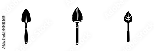 Detailed silhouette pictogram icons representing garden tools for planting and landscaping activities