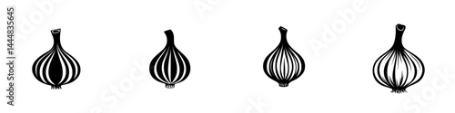 Silhouette pictograms of garlic cloves in various shapes and sizes for culinary illustration and design